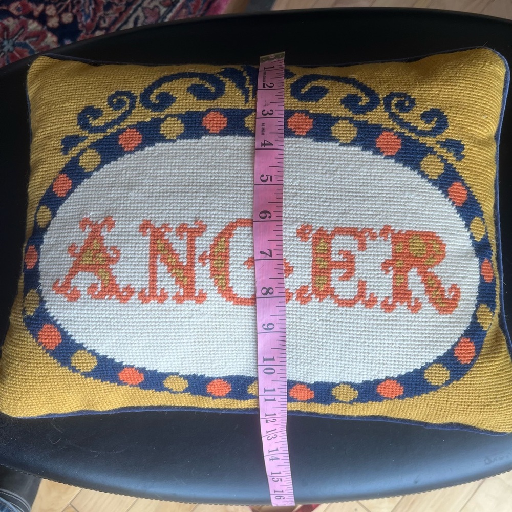 Jonathan Adler Needlepoint Pillow. “ANGER” Yellow, Blue, Orange & White 12 x 15” - Picture 7 of 8